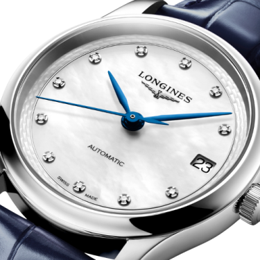 Longines Master Collection Automatic 34 mm Mother-of-Pearl Diamond Dial Blue Alligator Strap