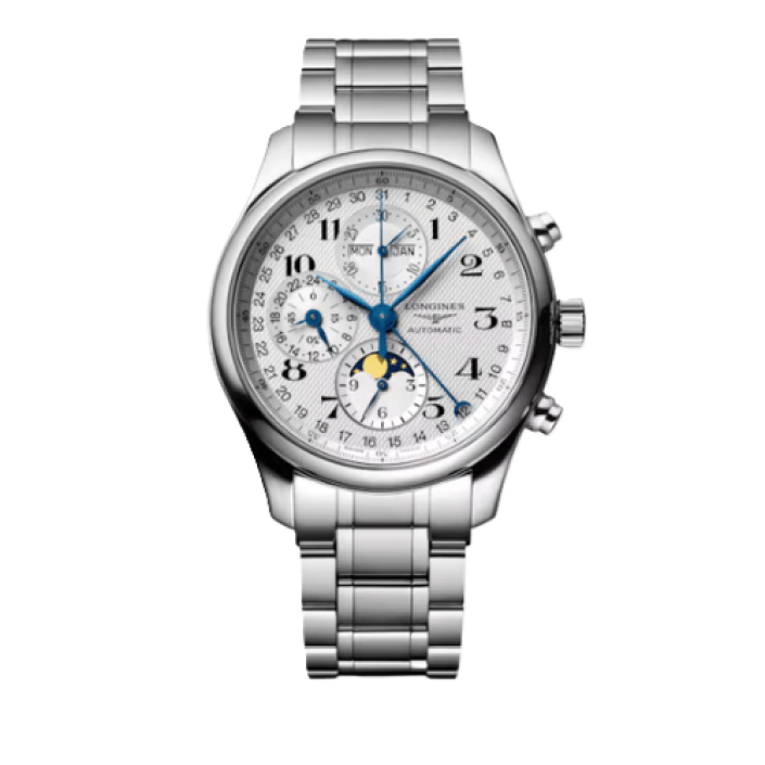 Longines Master Collection Chronograph Moonphase Automatic Steel Watch Silver Dial 42mm