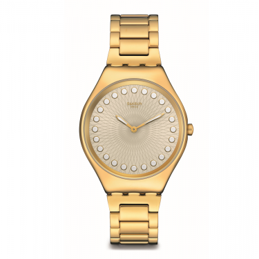 Swatch Bubbly and Bright - Reloj Ultrafino Dorado con Esfera Beige y Detalles Brillantes