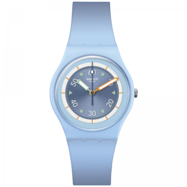 Swatch FROZEN WATERFALL: blue watch with BIOCERAMIC dial and case, bright details in white, orange, and green.