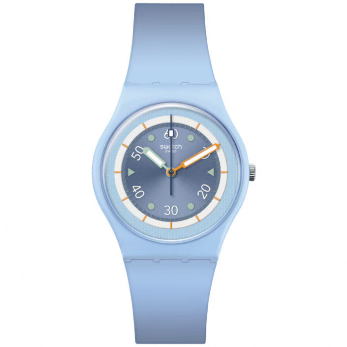Swatch FROZEN WATERFALL: blue watch with BIOCERAMIC dial and case, bright details in white, orange, and green.