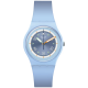 Swatch FROZEN WATERFALL: rellotge blau amb esfera i caixa BIOCERAMIC, detalls brillants en blanc, taronja i verd.