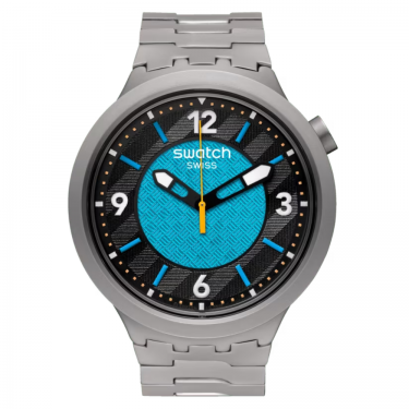 Swatch FROSTBLOOM: oversized watch, black and blue dial with glow-in-the-dark 3D indices and numbers.