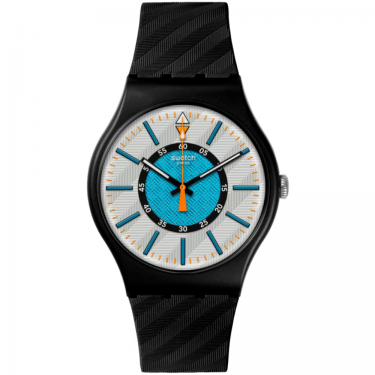 Swatch GOOD TO GORP : montre noire mate avec cadran argenté, bleu et noir, détails en 3D et finition BIOCERAMIC.
