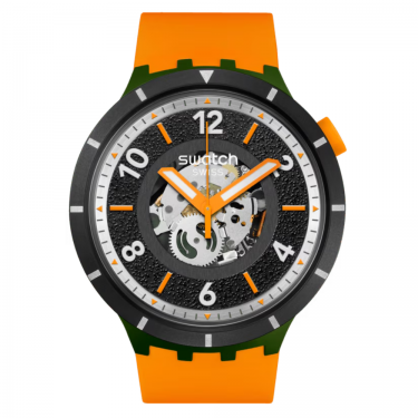 Swatch FALL-IAGE: large watch, black and silver lacquered dial, matte green BIOCERAMIC case, and matte orange strap.