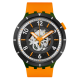 Swatch FALL-IAGE: reloj grande, esfera lacada en negro y plateado, caja BIOCERAMIC verde mate y correa naranja mate.