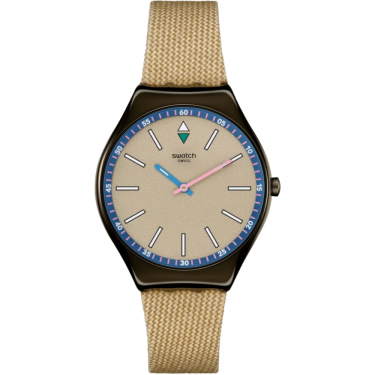 Swatch SUNBAKED SANDSTONE : montre ultra-mince, cadran beige avec motif blanc et rose, index phosphorescents en 3D.