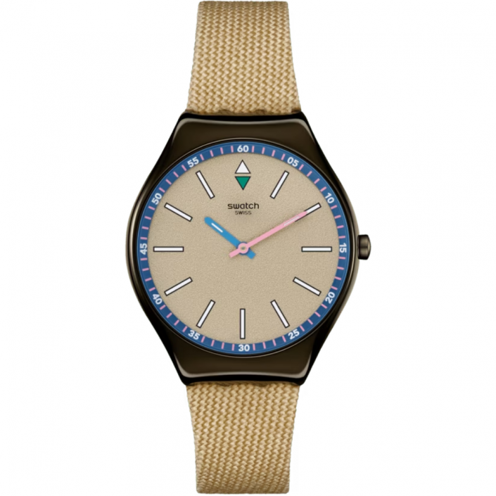 Swatch SUNBAKED SANDSTONE : montre ultra-mince, cadran beige avec motif blanc et rose, index phosphorescents en 3D.