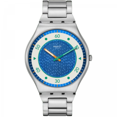 Swatch SPLASH DANCE : montre ultra-mince, cadran bleu avec motif vert et orange, détails phosphorescents et en 3D.