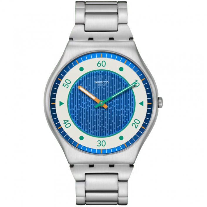 Swatch SPLASH DANCE : montre ultra-mince, cadran bleu avec motif vert et orange, détails phosphorescents et en 3D.