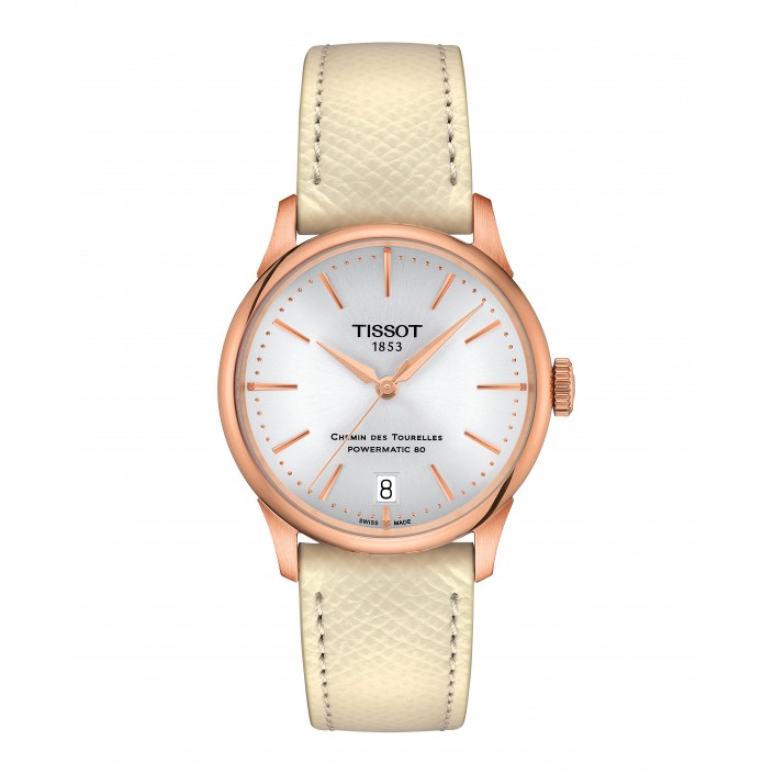 Rose gold PVD steel watch with silver dial leather 34 mm Chermin des Tourelles Tissot
