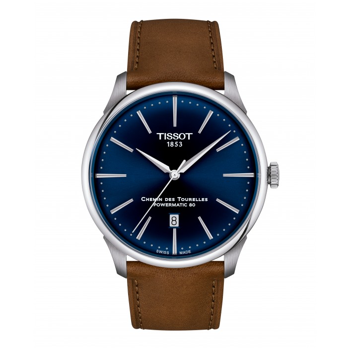 Steel watch with blue dial leather 42mm Chemin des Tourelles Tissot