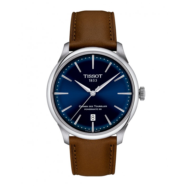 Steel watch with blue dial  leather 39mm Chemin des Tourelles Tissot