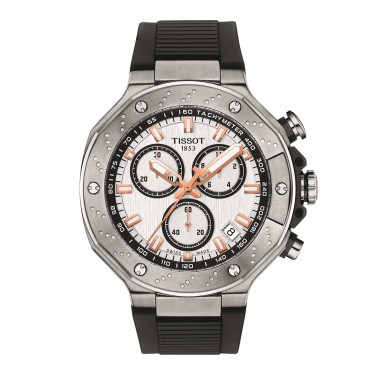 Montre acier cadran blanc et bracelet caoutchouc chronographe T-Race Tissot