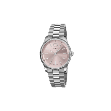 Gucci G‑Timeless 29 mm — Reloj de acero con esfera rosa y diamantes