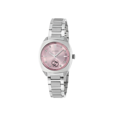 Gucci Interlocking 29 mm — Reloj de acero con esfera rosa y 8 diamantes