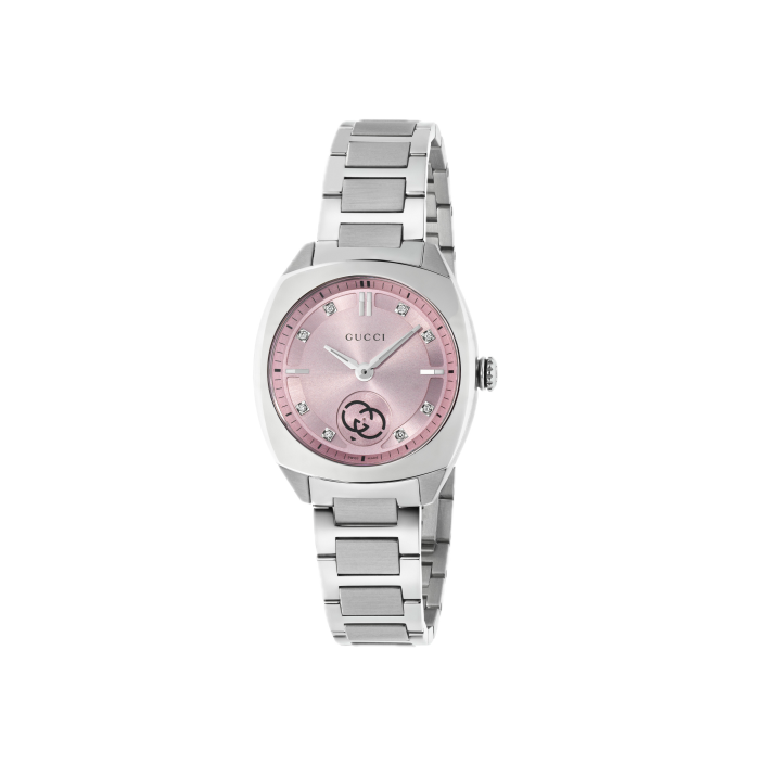Gucci Interlocking 29 mm — Reloj de acero con esfera rosa y 8 diamantes