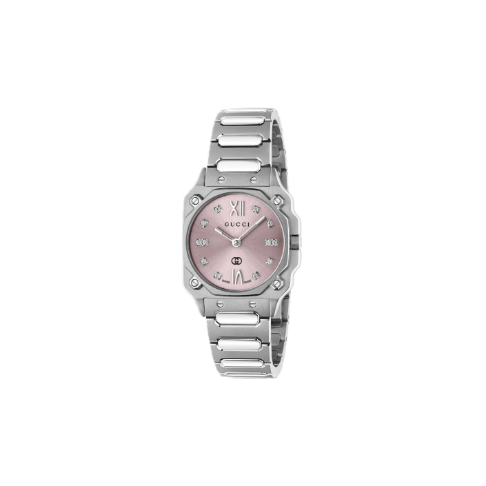 Gucci G‑Flat 24 mm — Reloj de acero con esfera rosa y diamantes