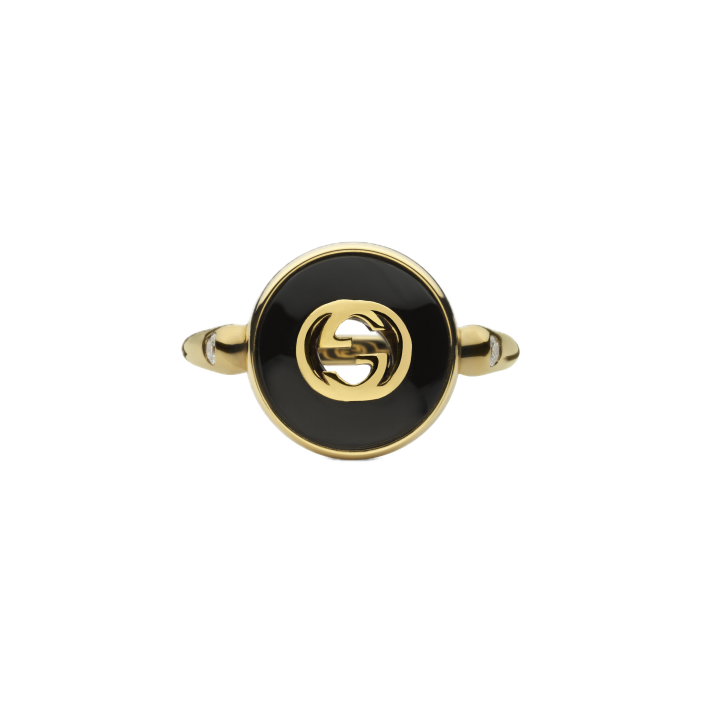 Anillo Gucci Interlocking oro amarillo 18 ct con ónix y diamantes