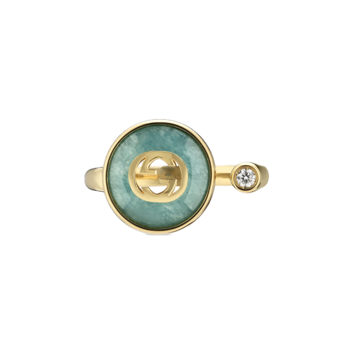 Gucci Interlocking 18 kt — Anillo dorado con amazonita y diamante