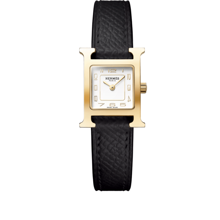 Hermès Heure H Mini 21 mm acier plaqué or jaune bracelet Epsom noir