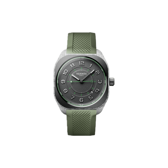 Hermès H08 42 × 39 mm composite, ceramic bezel, green rubber