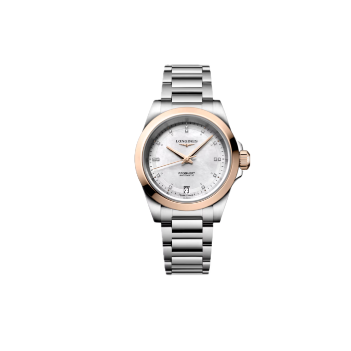 Longines Conquest 34 mm — montre automatique nacre blanche et accents or rose