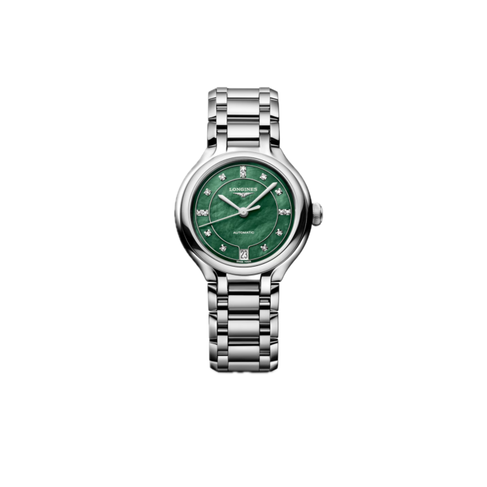 Longines PrimaLuna 34 mm — reloj automático con esfera nácar verde intenso