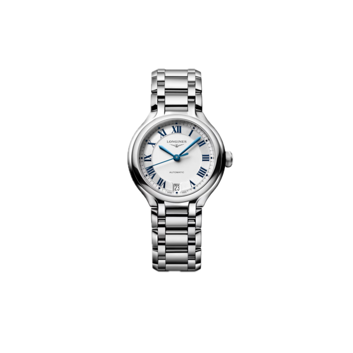 Longines PrimaLuna 34 mm — reloj automático esfera plateada sunray