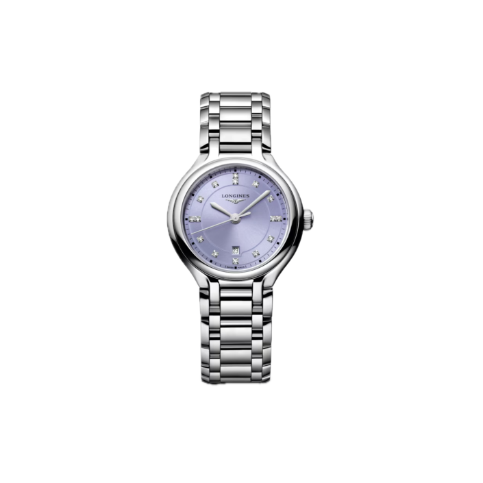 Longines PrimaLuna 30 mm — reloj de cuarzo con esfera lavanda malva sunray