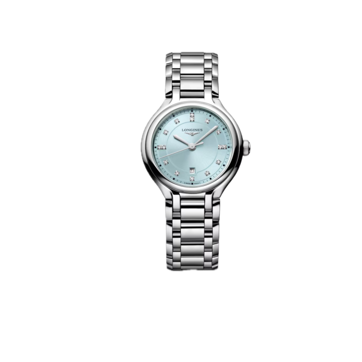 Longines PrimaLuna 30 mm — reloj de cuarzo azul mint sunray con diamantes