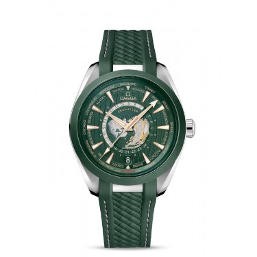 Steel watch with green dial and rubber GMT-WT Co-Axial Master Chronometer Aqua Terra 150M Omega