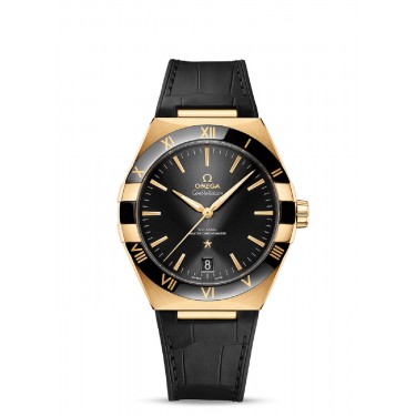 YELLOW GOLD WATCH & BLACK-LEATHER 41MM CONSTELLATION OMEGA 13163B 