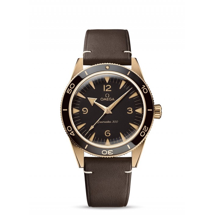 Reloj en bronce-oro & esfera negra-piel Seamaster 300 m Omega