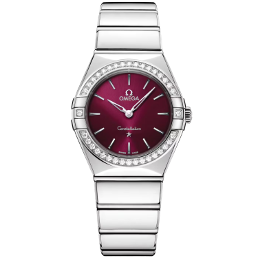Montre OMEGA Constellation 28 mm acier, lunette diamants et cadran bordeaux