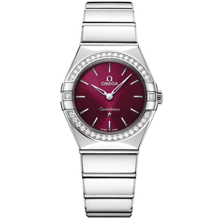 Montre OMEGA Constellation 28 mm acier, lunette diamants et cadran bordeaux