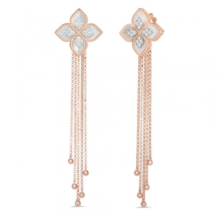 Boucles d'oreilles longues en or 18 carats & diamants nacre Princess Flower Roberto Coin