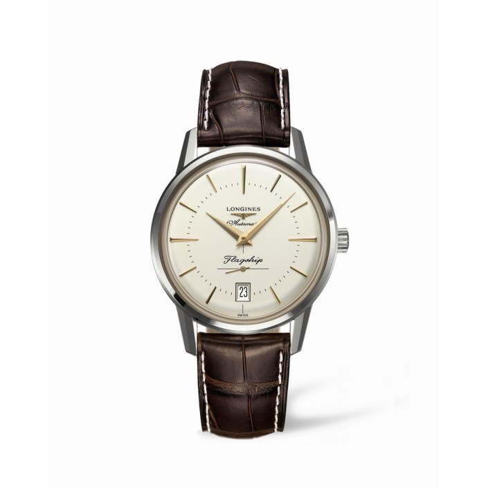 L4795 STEEL & SILVER DIAL-LEATHER FLAGSHIP LONGINES