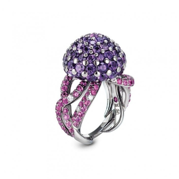 WHITE GOLD  RING & DIAMONDS-AMETHYST-PINK SAPPHIRES IN THE SHAPE OF JELLYFISH ANIMALIER ROBERTO COIN