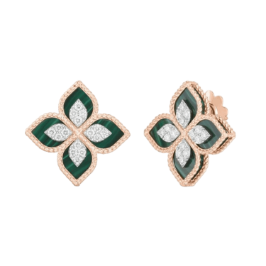 Roberto Coin Princess Flower Earrings 18kt Rose Gold Malachite Diamonds
