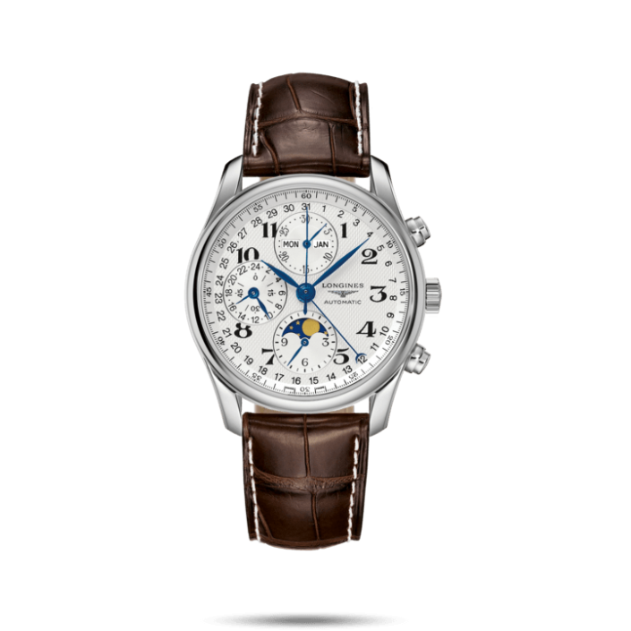 L2673WL STEEL-LEATHER & WHITE SPHERE MOON PHASE-ANNUAL CALENDAR MASTER COLLECTION LONGINES