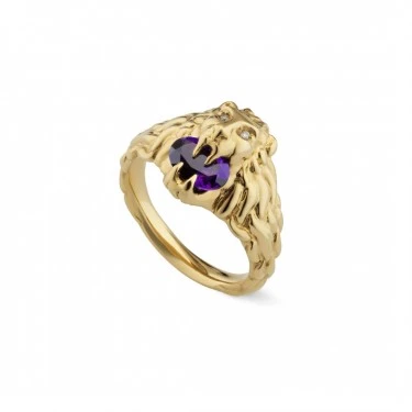 RING GOLD & DIAMONDS-AMETHYST LION HEAD GUCCI 